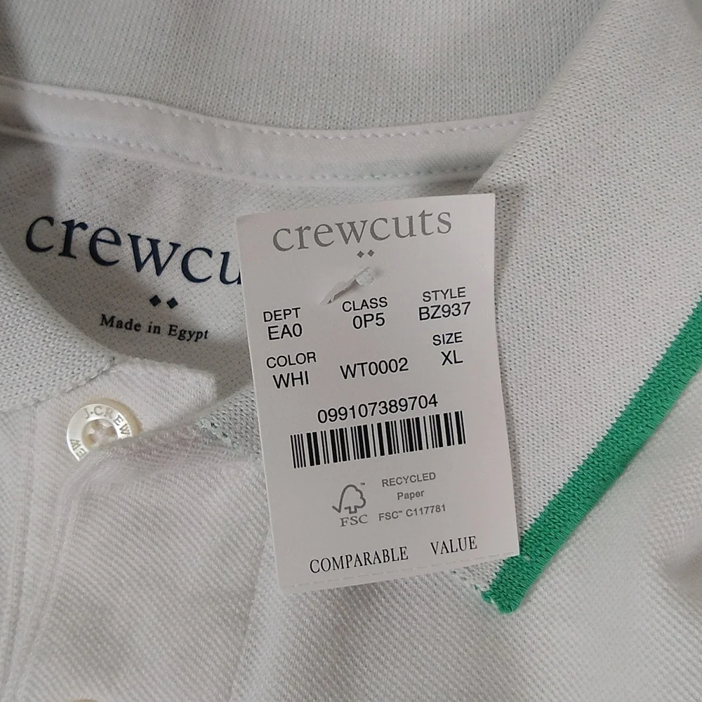 NWT‎ J. Crew Crewcuts boys white polo shirt green collar trim XL